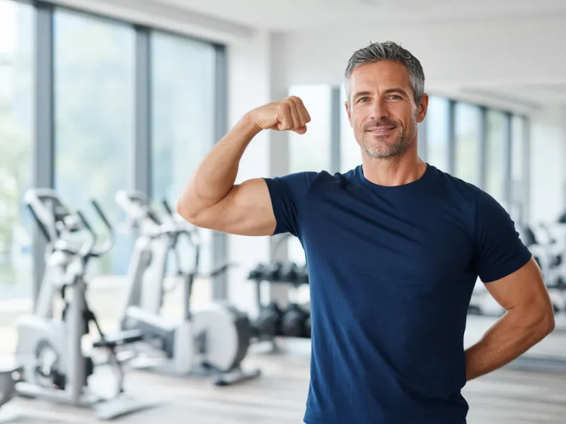 Fit man in his 40s flexing in a bright gym